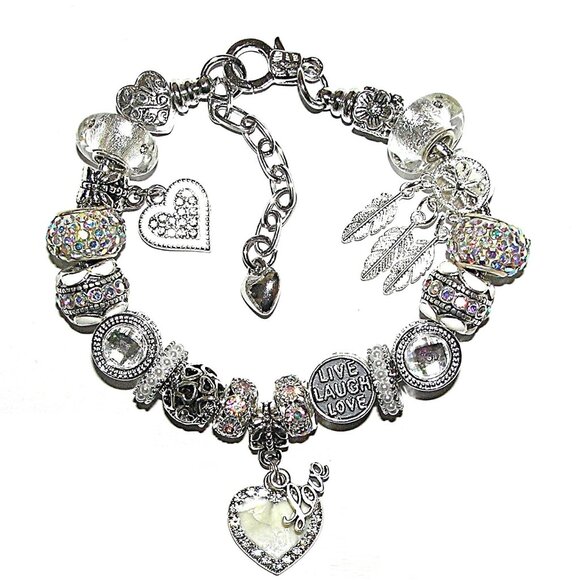 Dreamcatcher, Love Bracelet With White & AB Sparkle European Style Beads, Charms - Picture 2 of 2